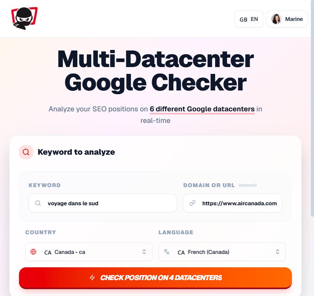 Formulaire de SEO Hero Ninja rempli avec un mot-clé, un domaine, Canada et French Canada