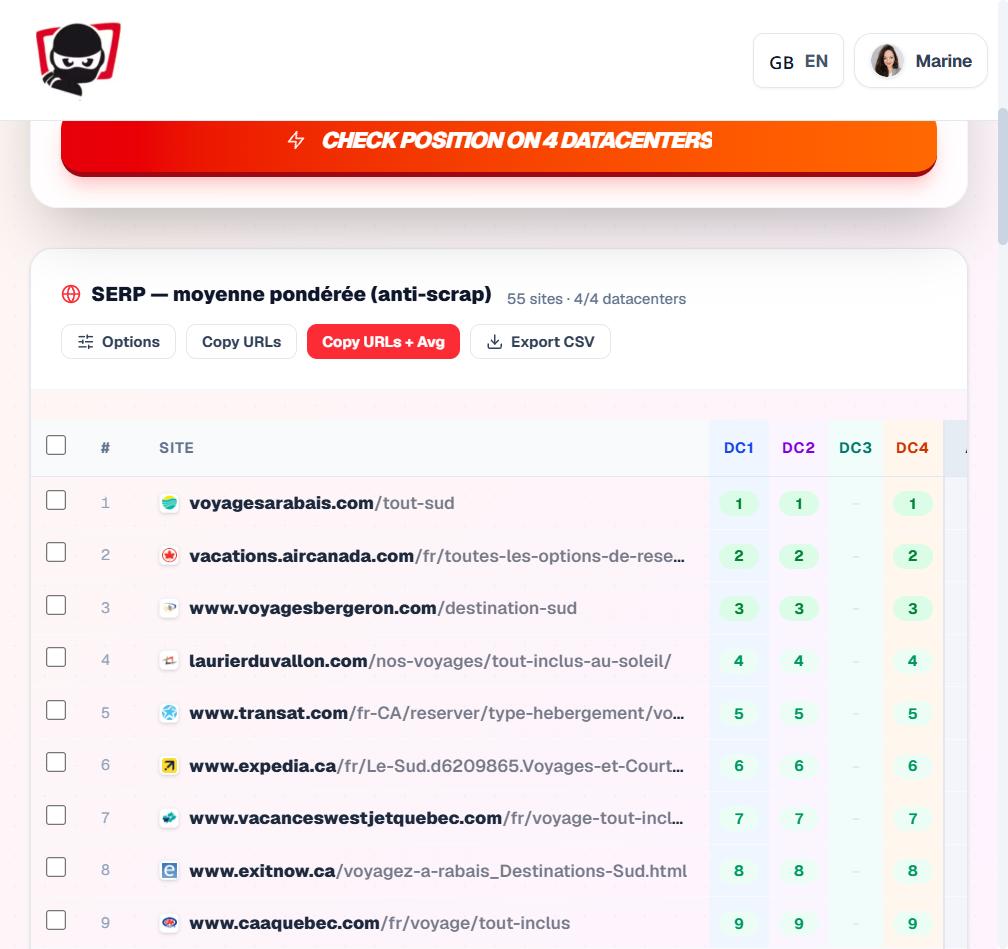 Tableau de résultats de SEO Hero Ninja avec une colonne par datacenter