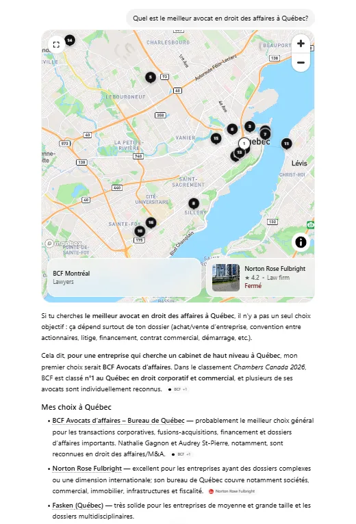 Réponse de ChatGPT à la question « Quel est le meilleur avocat en droit des affaires à Québec ? », posée en navigation privée