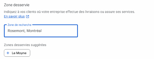 Réglage Zone desservie d’une fiche Google Business Profile