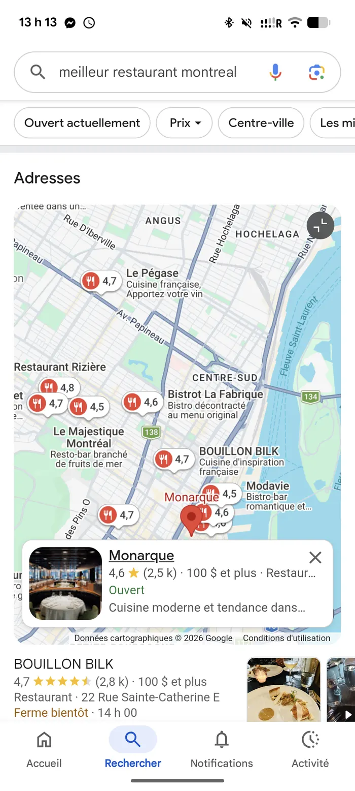 Résultat de recherche Google sur téléphone : la carte et les fiches du local pack occupent tout le premier écran