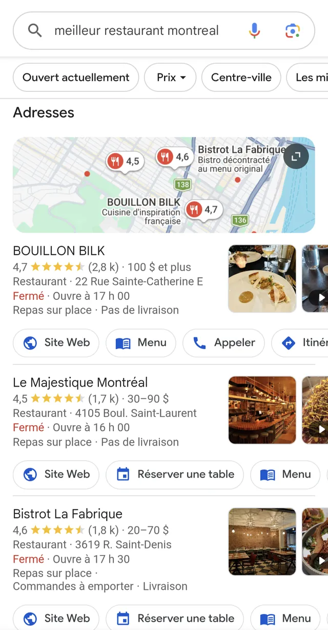 Recherche Google sur téléphone pour meilleur restaurant montreal : la carte et les trois fiches du local pack occupent tout l'écran